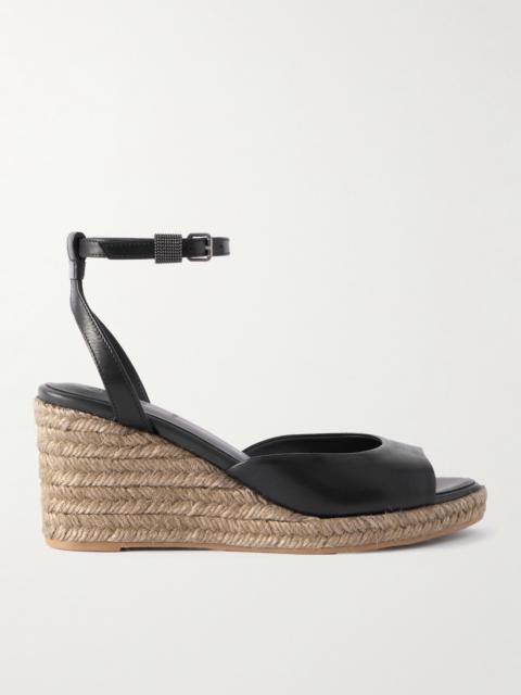 Bead-embellished Leather Wedge Espadrilles