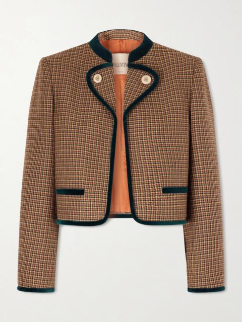 Cropped Velvet-trimmed Houndstooth Wool Jacket