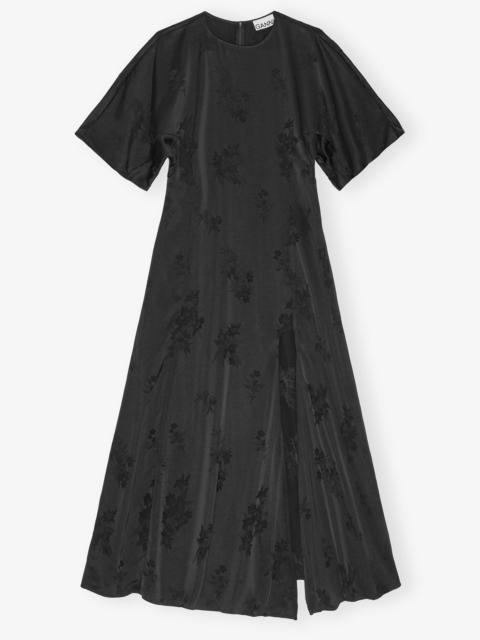 BLACK FLUID SATIN JACQUARD SLIT DRESS