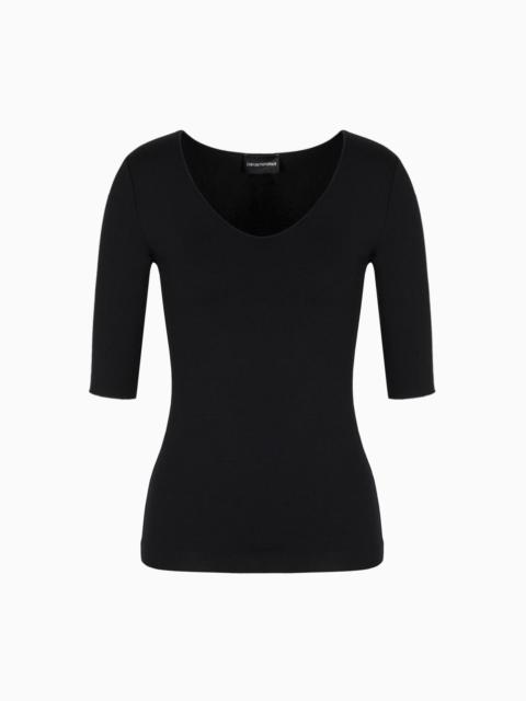 Viscose stretch jersey V-neck jumper with three-quarter length sleeves