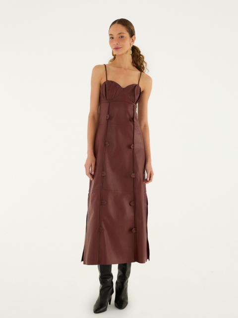 Burgundy 3D Flower Side Slit Leather Midi Dress