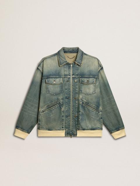 Men's washed denim jacket with wool blend ribbing