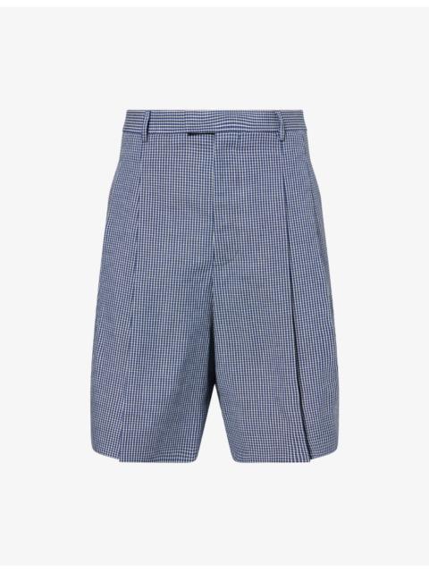 Gingham-Print Pleated Cotton-Poplin Shorts