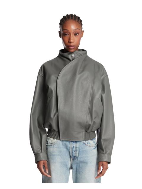 Gray Leather Bomber Jacket