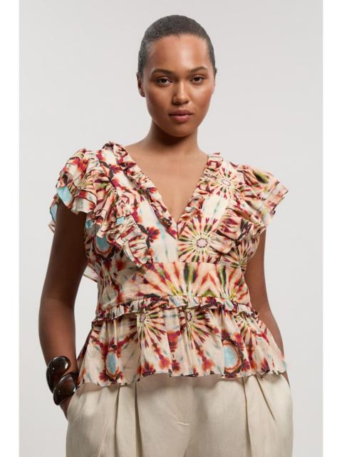 Plus Size Tile Print Silk Cotton Ruffle Detail Woven Top