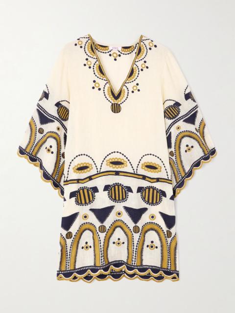 Medaillon embroidered linen-gauze mini dress Cream