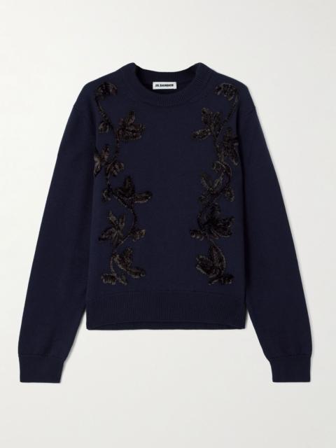 Embroidered merino wool sweater Navy