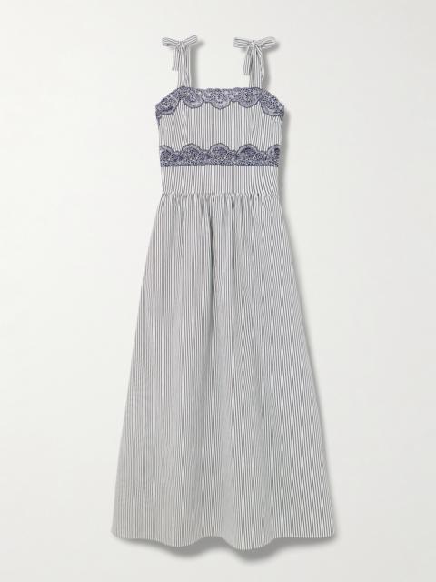 Sabine Corded Lace-trimmed Gathered Striped Cotton-blend Poplin Maxi Dress