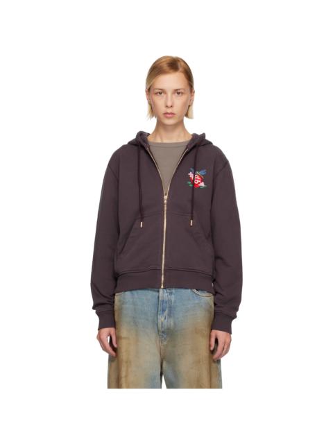 Purple Dragonfly Floral Embroidered Full Zip Hoodie