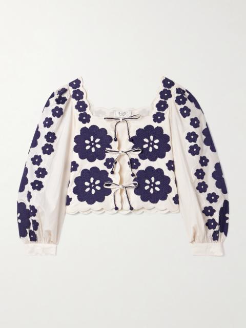 Catrine Tie-front Scalloped Appliquéd Cotton-voile Blouse