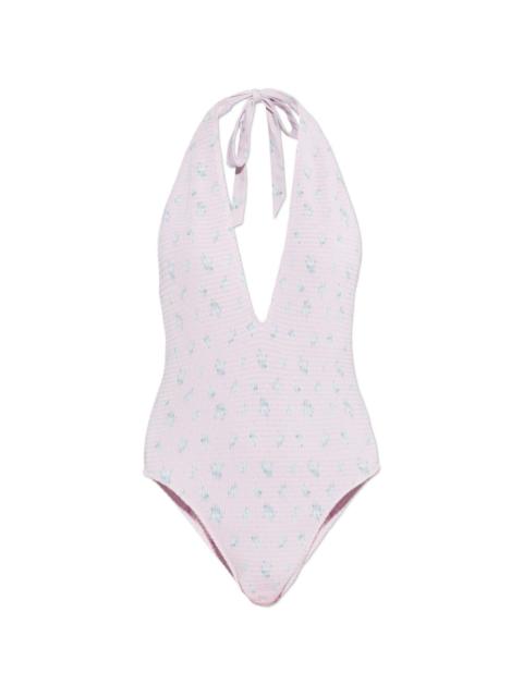 tie-neck floral-print one-piece