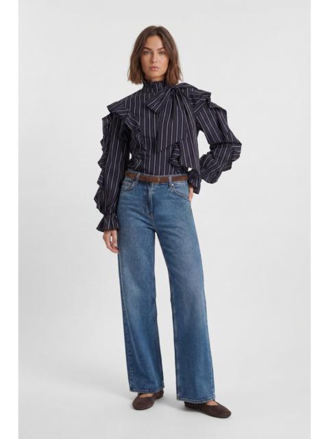 Ruffle Front Cotton Stripe Pussy Bow Blouse