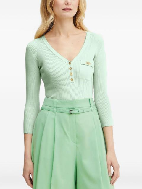 ribbed V-neck buttoned sweater