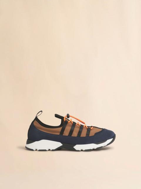 LIGHT BROWN AND BLUE LYCRA LACE-UP RUNNING SNEAKER