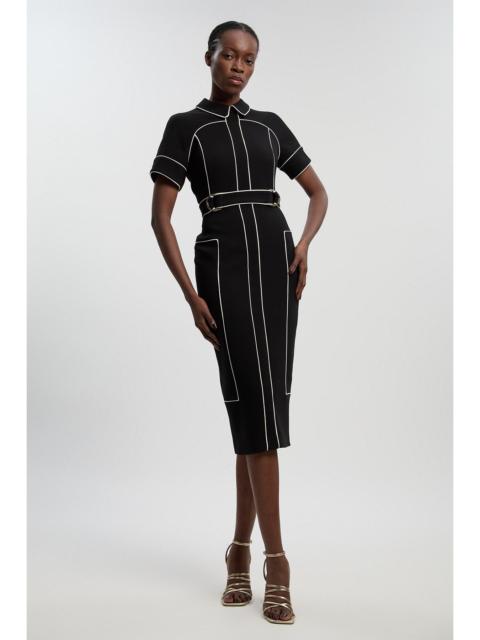 Compact Stretch Contrast Tipped Tab Detail Tailored Pencil Dress
