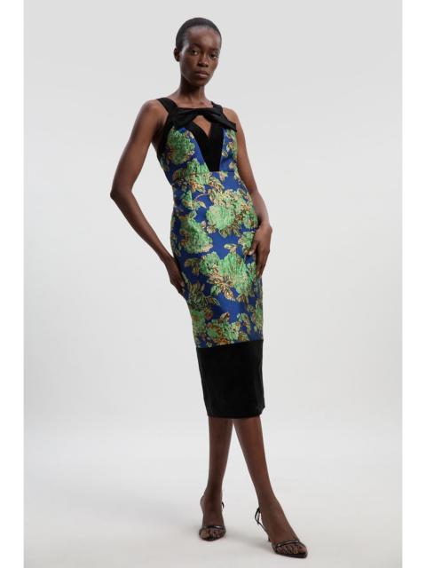 Velvet And Jacquard Contrast Strappy Tailored Midi Dress