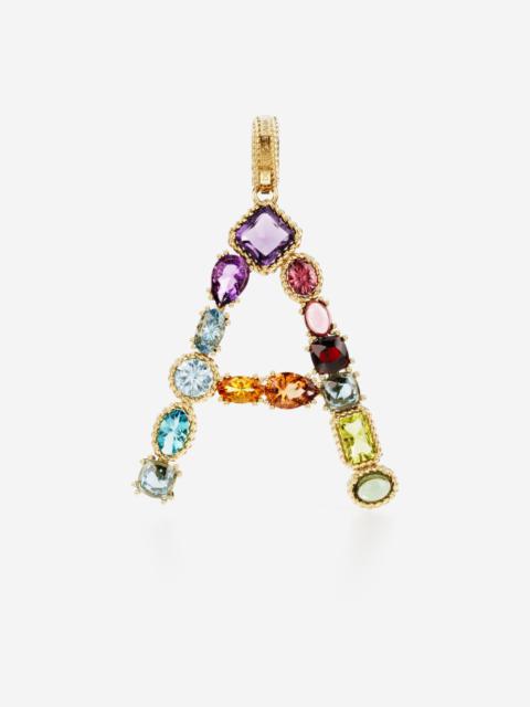 Rainbow alphabet A 18 kt yellow gold charm with multicolor fine gems