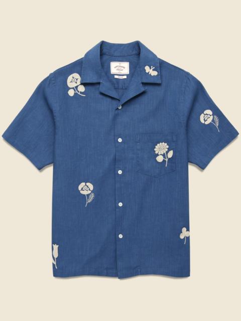 Embroidered Ramie Camp Shirt - Blue