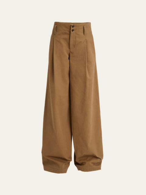 Pleated Wide-Leg Cotton Trousers