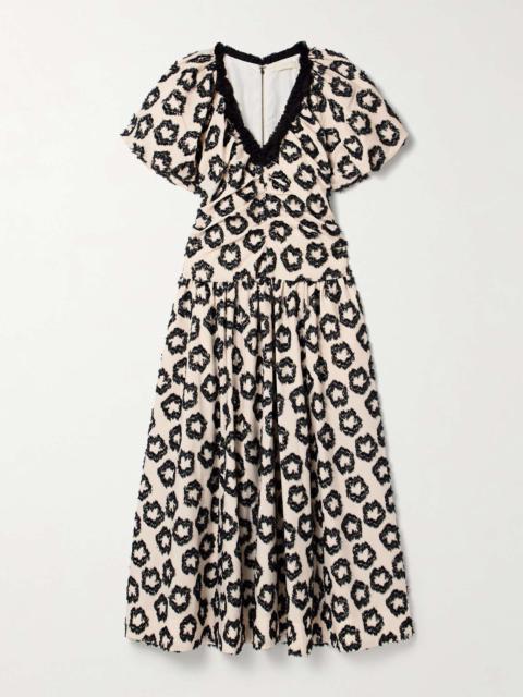 Violeta chiffon-trimmed ruched fil coupé recycled-faille midi dress