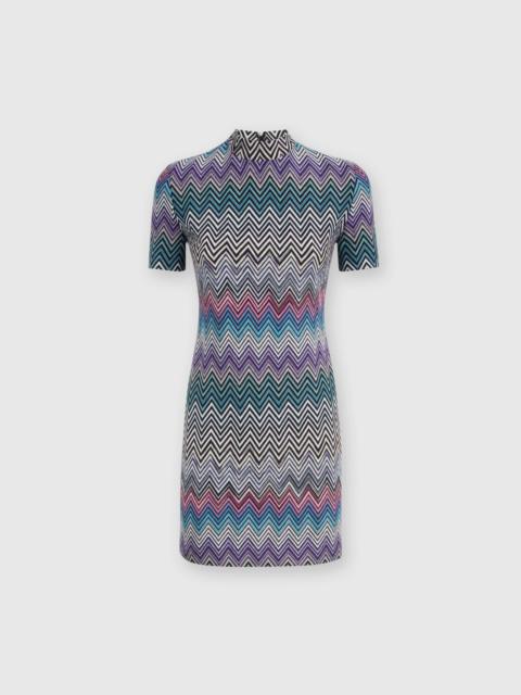 Short-sleeved mini-dress in zigzag wool