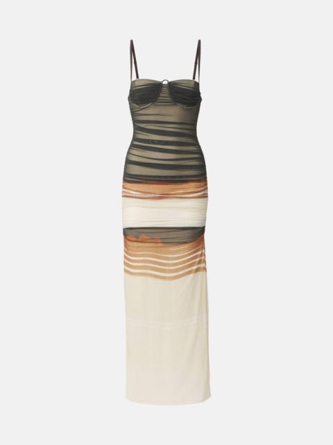 Breeze striped ruched mesh midi dress