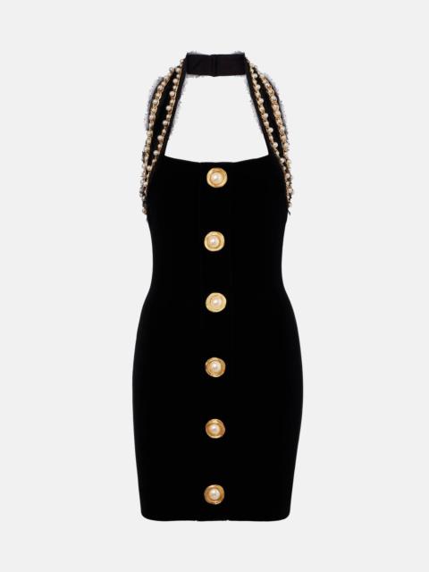 Faux pearl-embellished velvet minidress