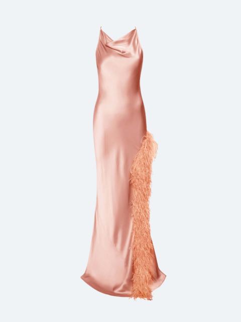 Satin Halter Gown With Feathers