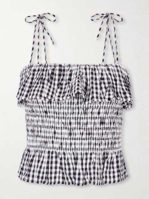Clara Ruffled Shirred Checked Cotton Top
