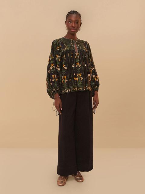 Black Twill Belted Wide Pants