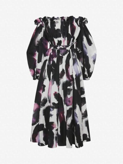 Women's Watercolour Graffiti Off-the-shoulder Midi Dress in White/multicolor