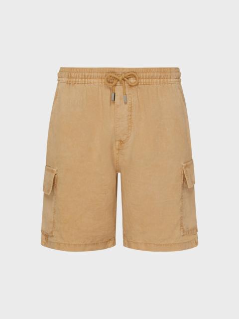 Men Linen Bermuda Shorts Cargo Pockets Natural Dye