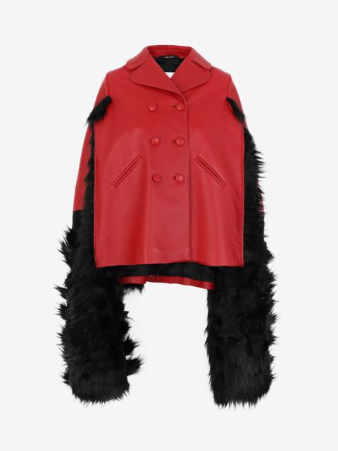 Faux fur trimmed leather cape