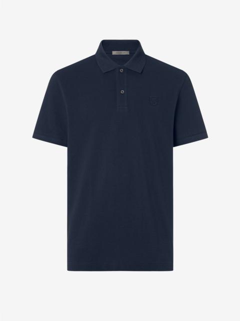 Blue button-up cotton pique polo shirt