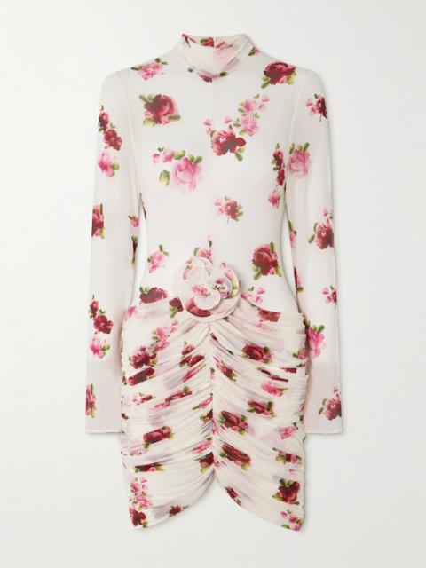 Appliquéd Gathered Floral-print Tulle Mini Dress
