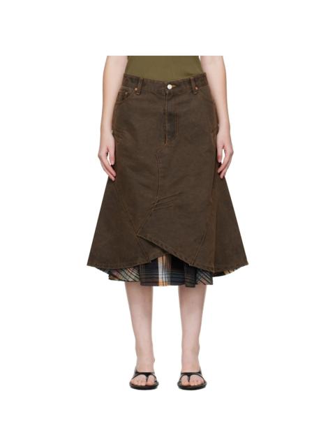 Brown Custom Flare Layered Denim Midi Skirt