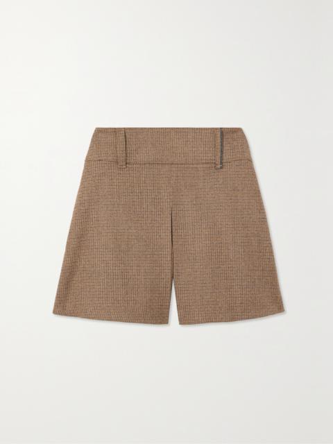 Bead-embellished Checked Wool-blend Shorts