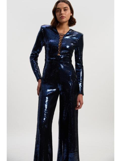Petite Sequin Power Mesh Lace Up Detail Long Sleeve Jumpsuit