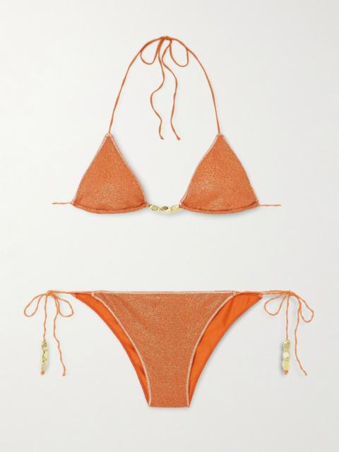 Glazed Lumière embellished metallic triangle bikini Orange