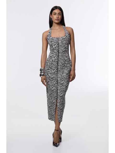 Zebra Jacquard Tailored Zip Through Pencil Midi Dress