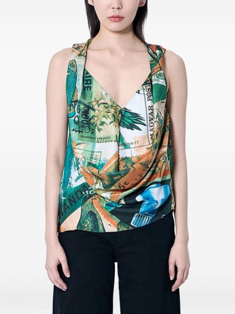 printed draped silk blouse