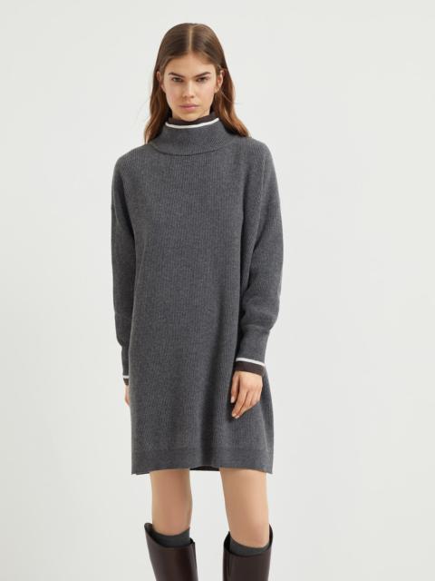 Virgin wool, cashmere and silk English rib dress with shiny contrast trims