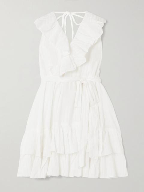 Molly belted ruffled embroidered cotton mini wrap dress White