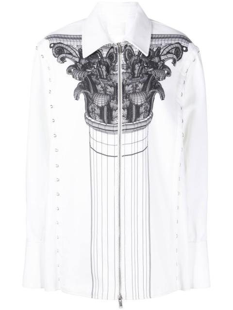 Column-print hook-and-eye shirt jacket