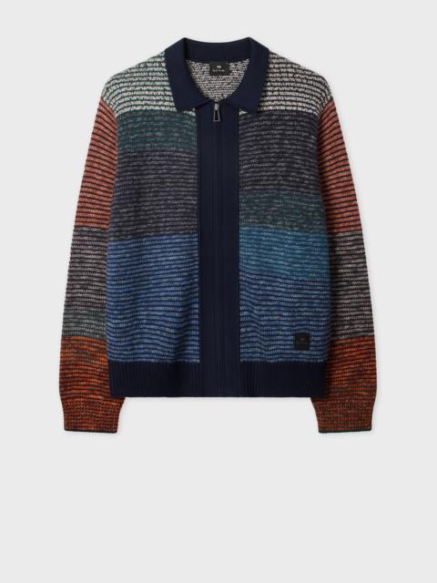 Navy Colour-Block Zip-Through Cotton-Wool Cardigan