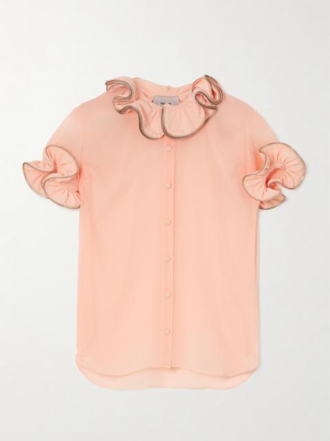 Zip-embellished Ruffled Chiffon Blouse