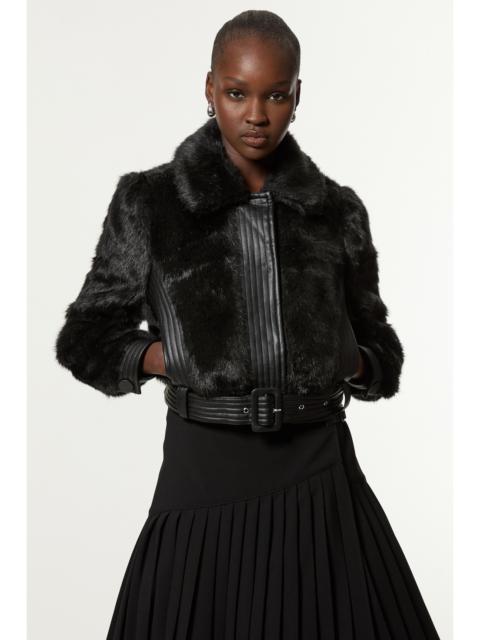 Faux Fur Pu Panelled Belted Cropped Jacket