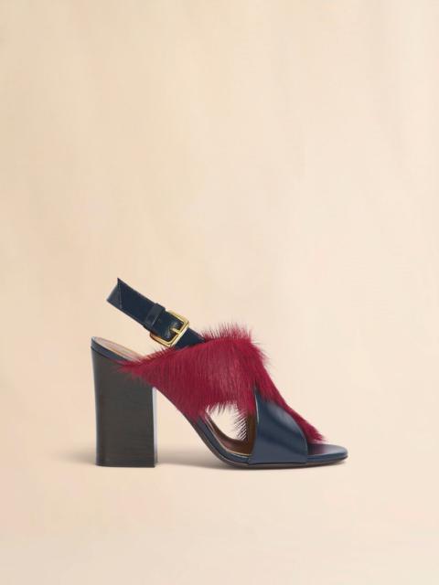 BLUE AND BURGUNDY LEATHER AND LONG-HAIR HEELED CRISS-CROSS SANDAL