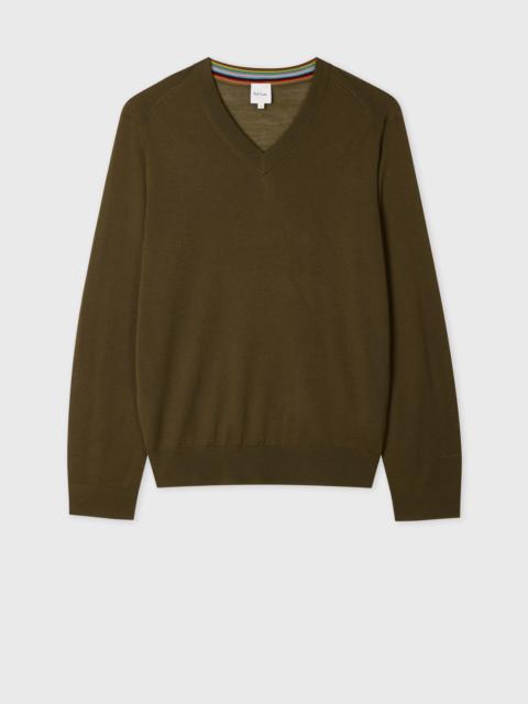 Khaki Green Merino Wool V-Neck Sweater
