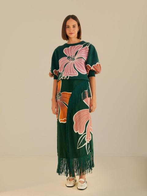 Green Honolulu Flowers Fringe Maxi Skirt